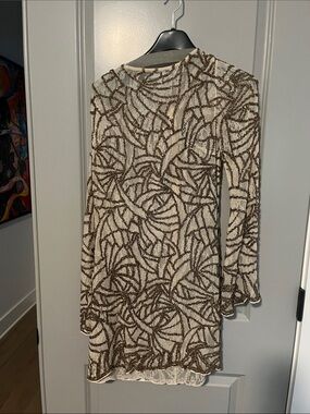Haute Hippie Cream and Gold Beaded Long-Sleeve Mini Dress